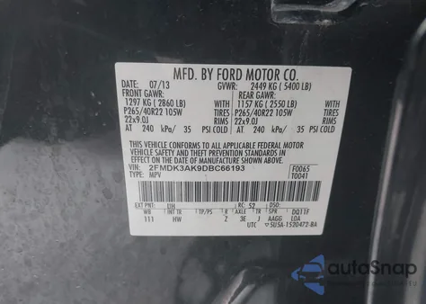 2013 Ford Edge Sport z USA, uszkodzony, nr VIN 2FMDK3AK9DBC66193